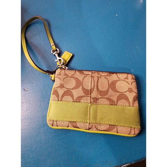 Coach Small Wristlet Wallet Green Tan Logo Women's 4" Tall 6" Wide - Picture 1 of 5